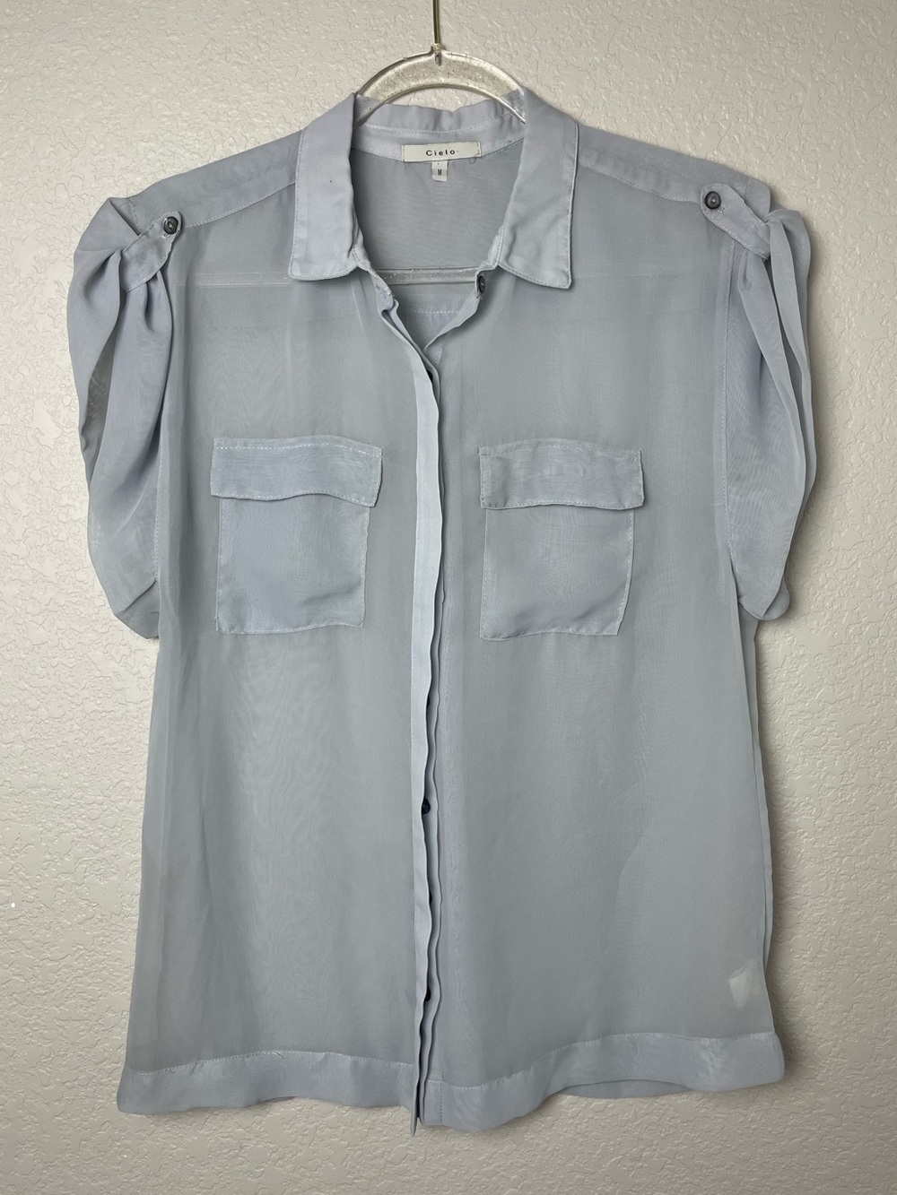 Cielo Pale Blue/Silver Sheer Short-Sleeve Button Blouse Size L